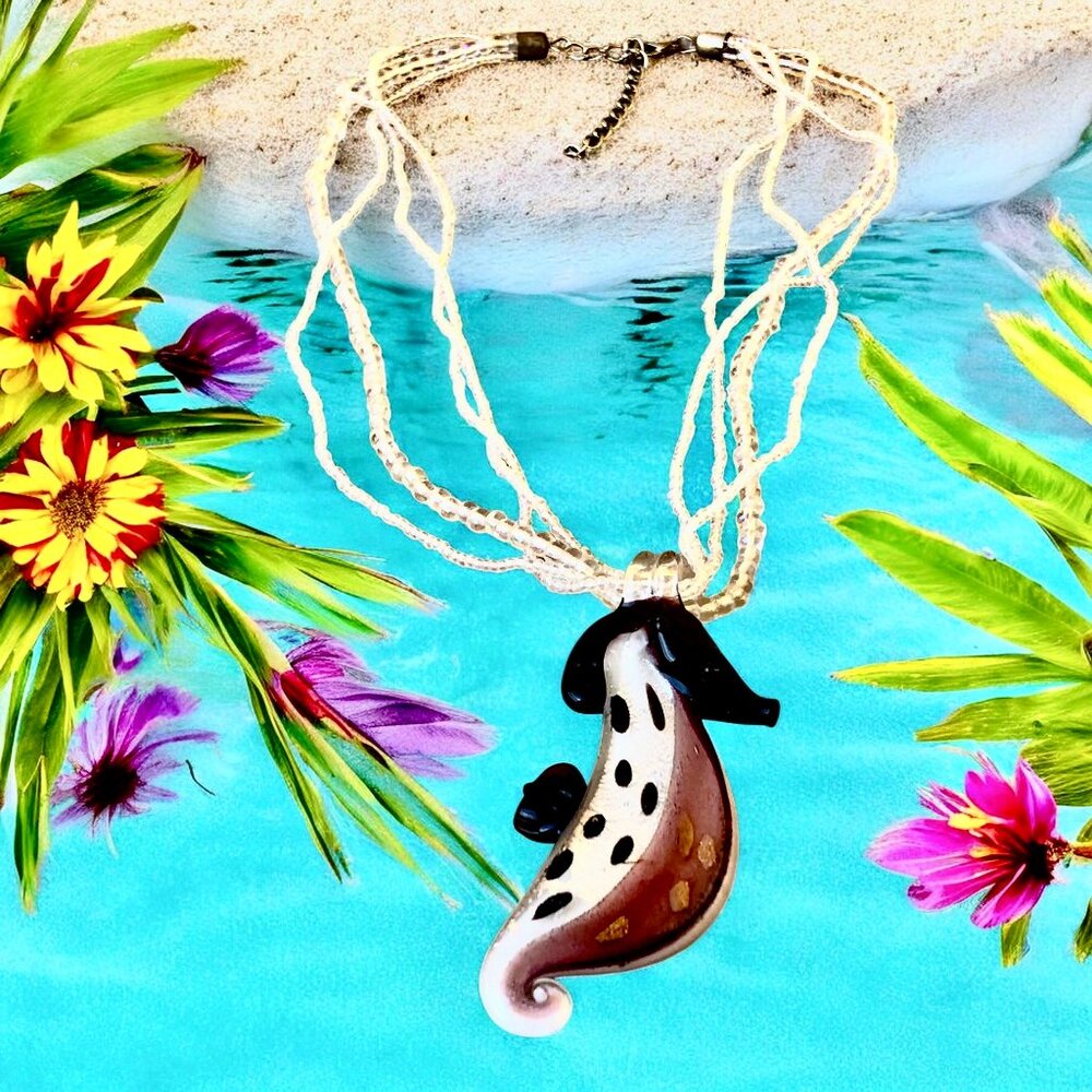 Seahorse Art Glass Pendant with Multi-strand Beaded Necklace Beach Sea - Picture 12 of 12